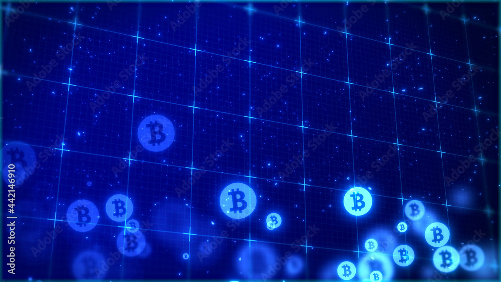 Naklejka premium デジタル背景に浮遊する仮想通貨のイメージ