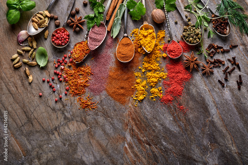 Various colorful herbs and spices in spoons for cooking: turmeric, dill, paprika, cinnamon, saffron, basil and rosemary. Indian spices. On old stone brown background. Top view.