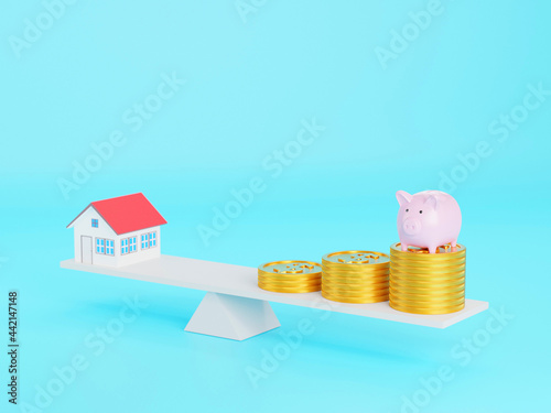 Money coin stacking and home on a scale balance, investment house concept, house mortgage real estate, 3D rendering illustration.