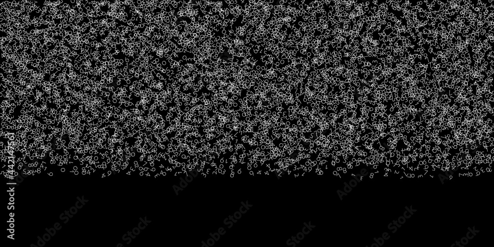 Fototapeta premium Falling numbers, big data concept. Binary white chaotic flying digits. Artistic futuristic banner on black background. Digital vector illustration with falling numbers.