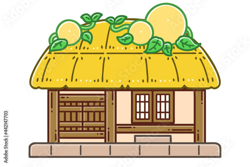 A choga house. Choga denotes one of two traditional nature-friendly house types in Korea. The main building materials used to build these houses are straw  wood and soil. Vector illustration.