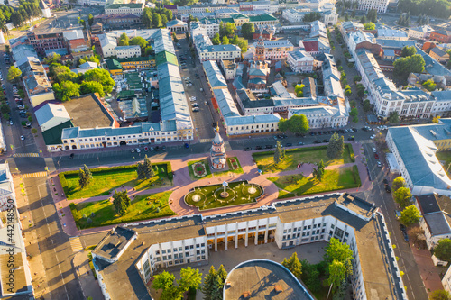 Aerial drone view of the old city center with Alexander Nevsky Chapel in summer of Yaroslavl, Russia.
