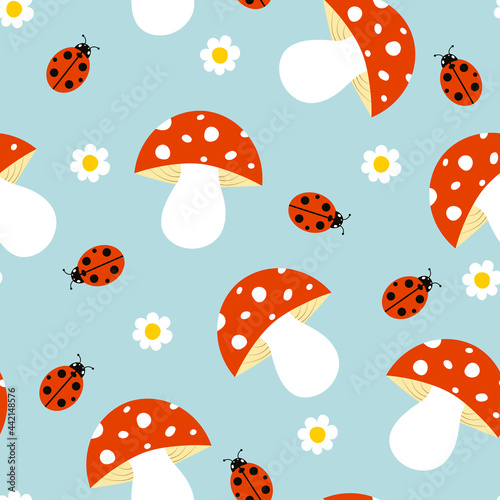 Cute childish seamless pattern with mushrooms, ladybugs and daisies. It can be used for wallpapers, wrapping, cards, patterns for clothes and other.