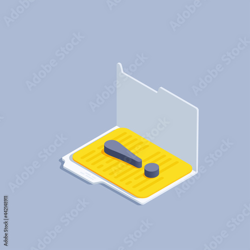 isometric vector illustration on gray background, opened folder with document sheet and big exclamation mark, important information or data