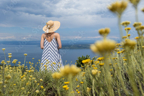 Rear view of young woman wearing striped summer dress and straw hat standing in super bloom of wildflowers, relaxing while enjoing beautiful view of Adriatic sea nature, Croatia photo