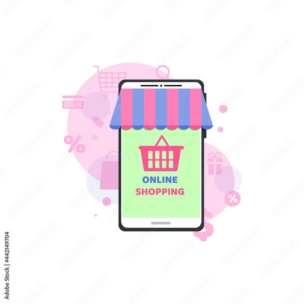 Naklejka premium Online store on the phone, application, shopping site. Mobile phone with touch screen, shopping tent canopy and grocery basket icon. Vector illustration, flat cartoon design.