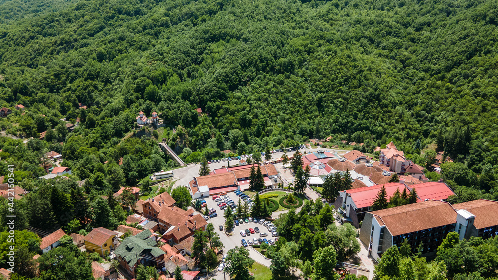 Aerial view of Prolom Banja, Serbia wich is located. It's a small SPA resort with thermal mineral water and sanatoriums.
