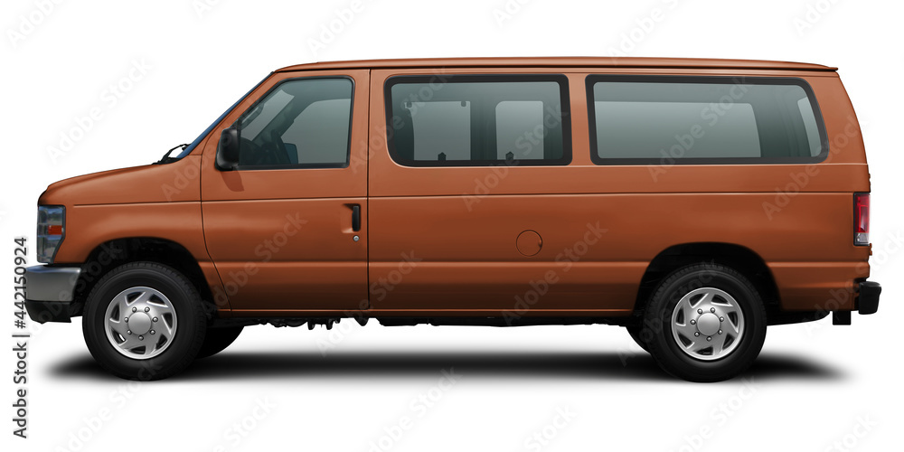 Side view of a modern passenger American minibus in brown. Isolated on a white background.