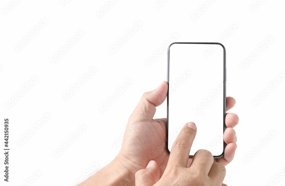 Finger touch on withe blank screen smartphone isolated Finger touch on withe blank screen smartphone isolated