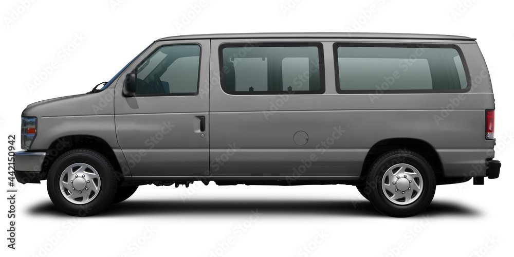 Side view of a modern passenger American minibus in gray. Isolated on a white background. Side view of a modern passenger American minibus in gray. Isolated on a white background.