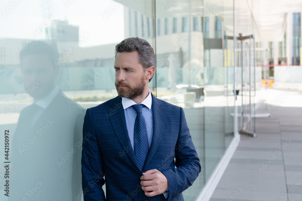 mature bearded man businessperson in businesslike formal suit outside the office, formalwear mature bearded man businessperson in businesslike formal suit outside the office, formalwear