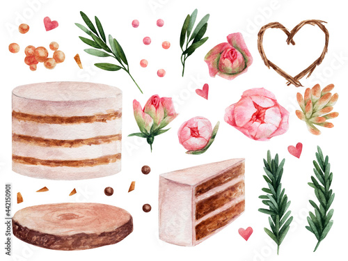 A set of cakes in watercolor