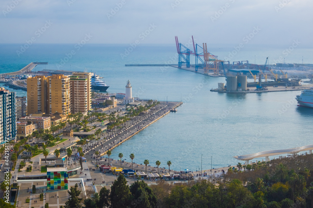 Aerial and panoramic view of the city and port of Malaga in Spain.