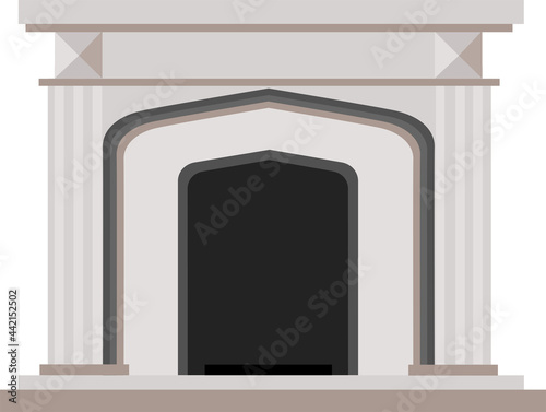 A classic white stone fireplace with a niche inside for firewood and fire. Vector illustration on a white background