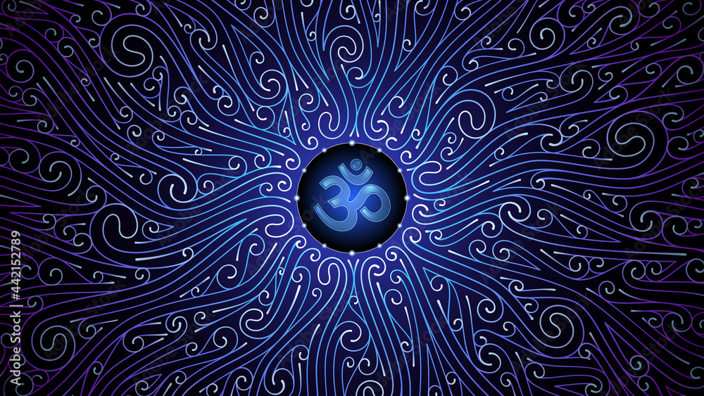 Vector sacred mandala with spiritual symbol Om. Complex graphic art with pattern of spirals. Power and energy of yoga and meditation. Shiny blue ornament on black backdrop. - obrazy, fototapety, plakaty 