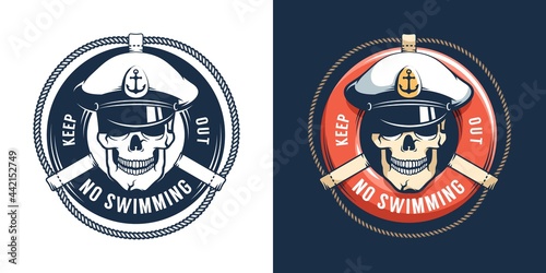 Lifebuoy and Captain Skull - no swimming logo. Pirate emblem with skull in captain cap. Vector illustration.