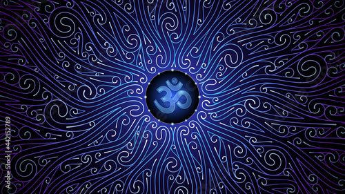 Vector sacred mandala with spiritual symbol Om. Complex graphic art with pattern of spirals. Power and energy of yoga and meditation. Shiny blue ornament on black backdrop.