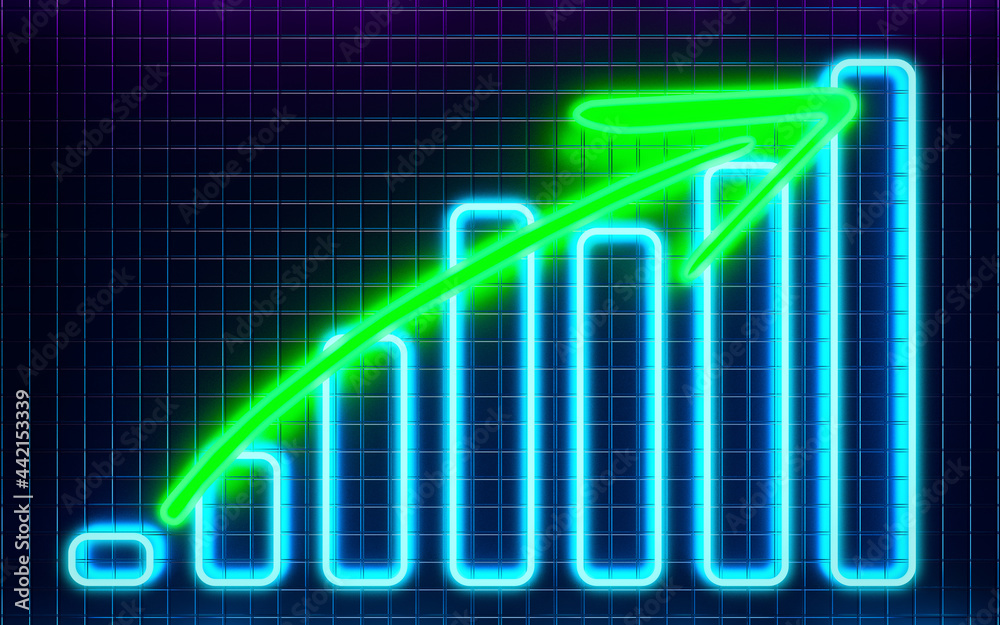 Fototapeta premium Futuristic glowing blue diagram growth chart with green rising arrow on dark background with blurred reflections. 3d rendering