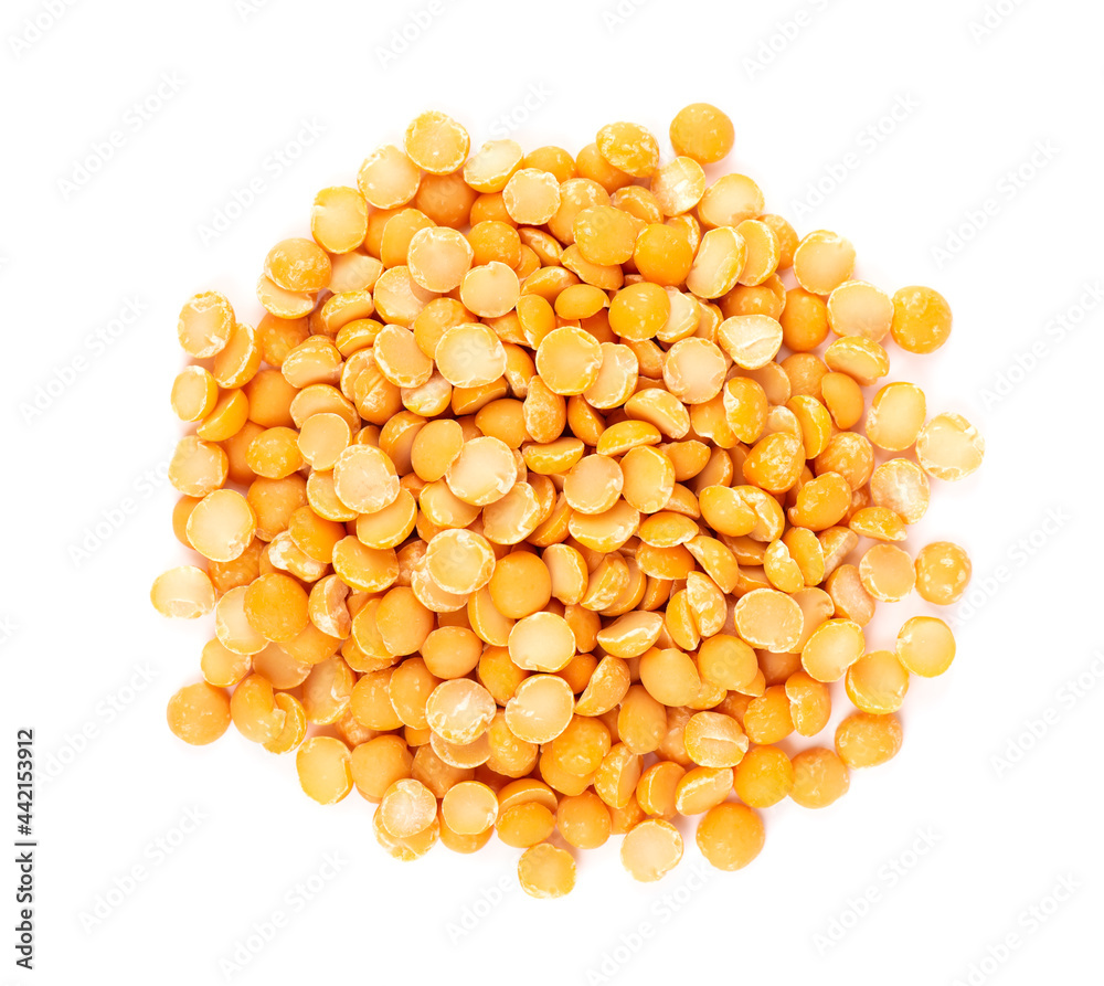 Dry yellow split peas isolated on white background. Halves of yellow legume peas. Top view. Dry yellow split peas isolated on white background. Halves of yellow legume peas. Top view.