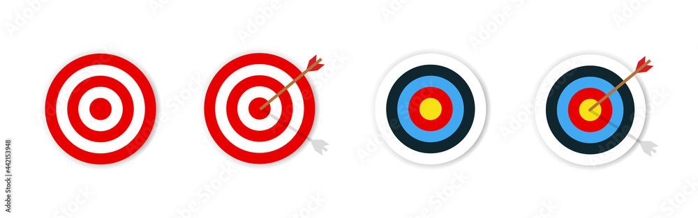 Target with arrow. Archery with target . Set of targets . Vector illustration. Colection of shooting targets isolated on white background. Target with arrow. Archery with target . Set of targets . Vector illustration. Colection of shooting targets isolated on white background.