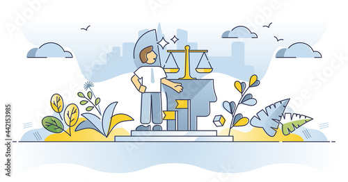 Integrity and ethical moral principles as core values outline concept. Honesty and trust as positive legal behavior vector illustration. Truth and uncompromising adherence to strong moral ethics scene