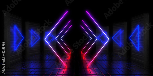 Fototapeta Naklejka Na Ścianę i Meble -  3D abstract background with neon lights. neon tunnel .space construction . .3d illustration