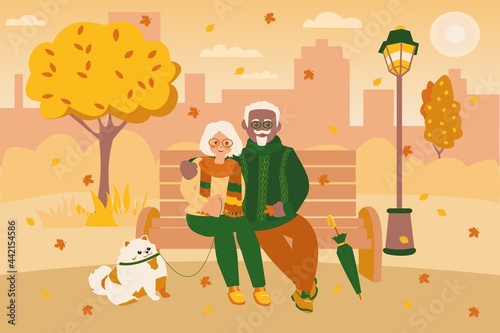 Senior couple and their pomeranian spitz sitting on bench in autumn park Flat vector illustration