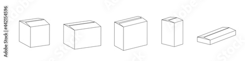 Box flat line icon set. Carton, wood boxes, product package, gift vector illustrations.