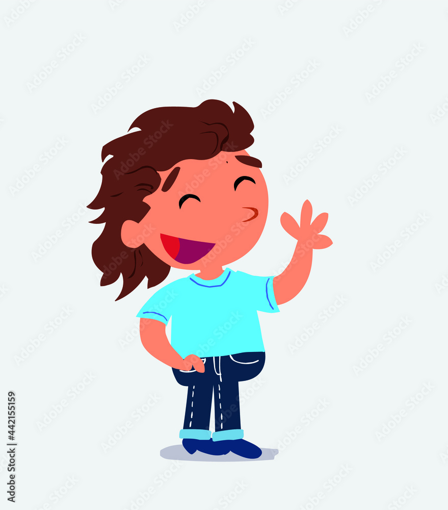  cartoon character of little girl on jeans waving informally while smiling.