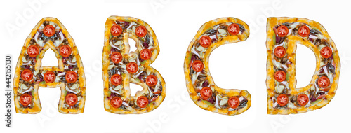 The letters A, B, C, D are made of pizza