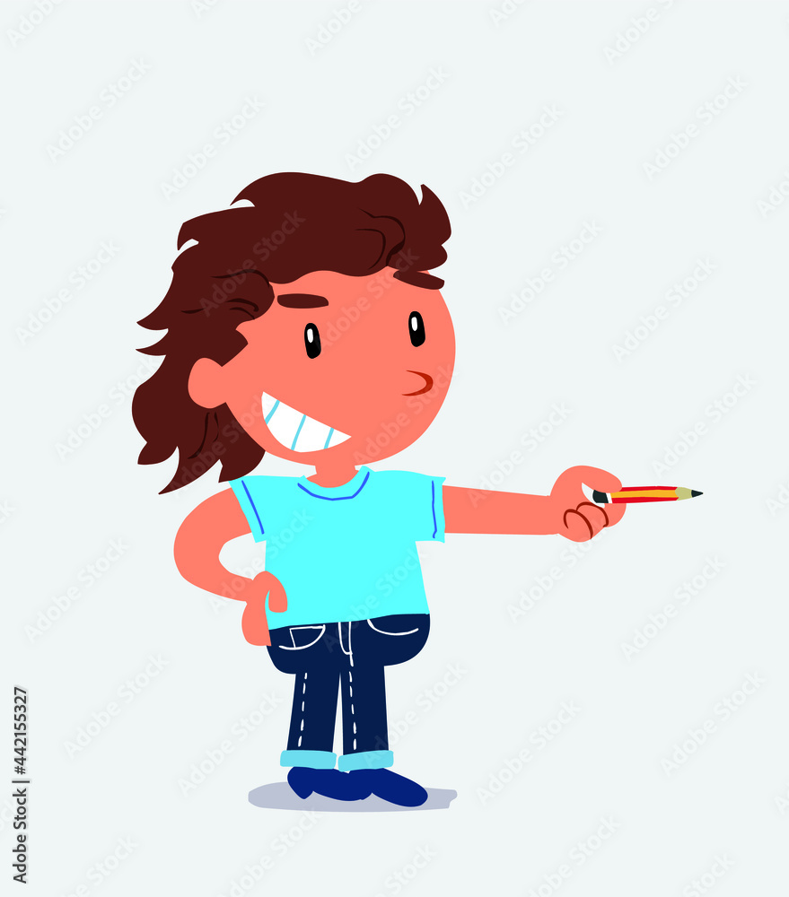 happy cartoon character of little girl on jeans points with pencil to the side. happy cartoon character of little girl on jeans points with pencil to the side.
