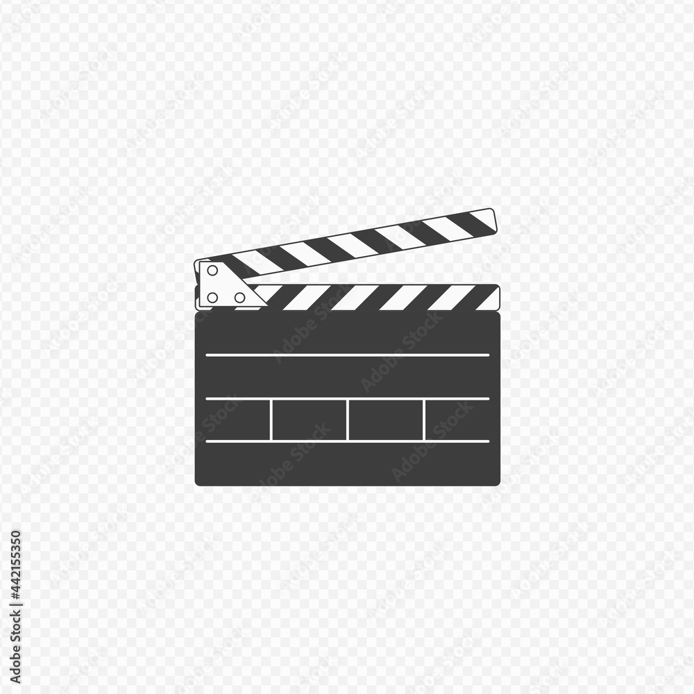 Fototapeta premium Simple clapper board icon. Opened Movie Film Clap Board isolated on transparent background. Template of Clapperboard, Slapstick. Cinematography and filmmaking equipment. Vector EPS 10.