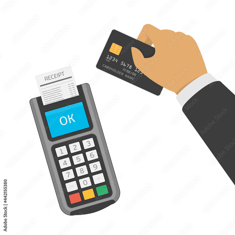 Hand holding credit card near POS terminal. Payment by credit or debit card, Mobile payment, shopping concept. Near-field communication protocol. Wireless bank, mobile, NFC. Vector EPS 10. Hand holding credit card near POS terminal. Payment by credit or debit card, Mobile payment, shopping concept. Near-field communication protocol. Wireless bank, mobile, NFC. Vector EPS 10.
