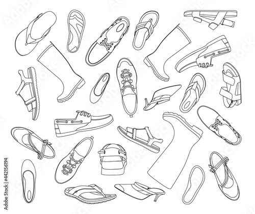 Shoes vector collection, doodles vector shoes, isolated, set of men's and women's shoes.
