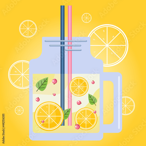 Vector flat lemonade illustration for prints. Fresh lemonade in a jar with lemon slices.