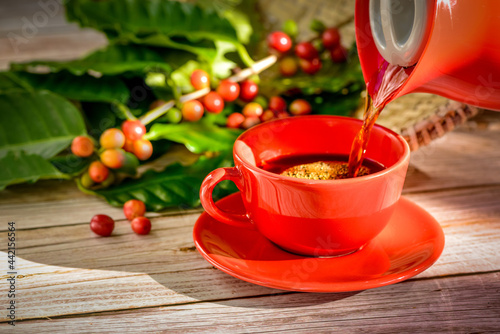 Coffee being poured into red cup with coffee seeds and leaves over wooden table.