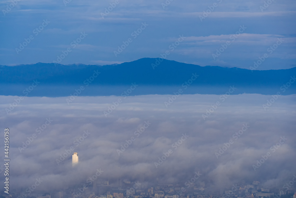Songkhla, Thailand -June 4, 2020 : Cityscape view in morning time, scene of Kho hong Hill in Hatyai city, Songkla, Thailand.