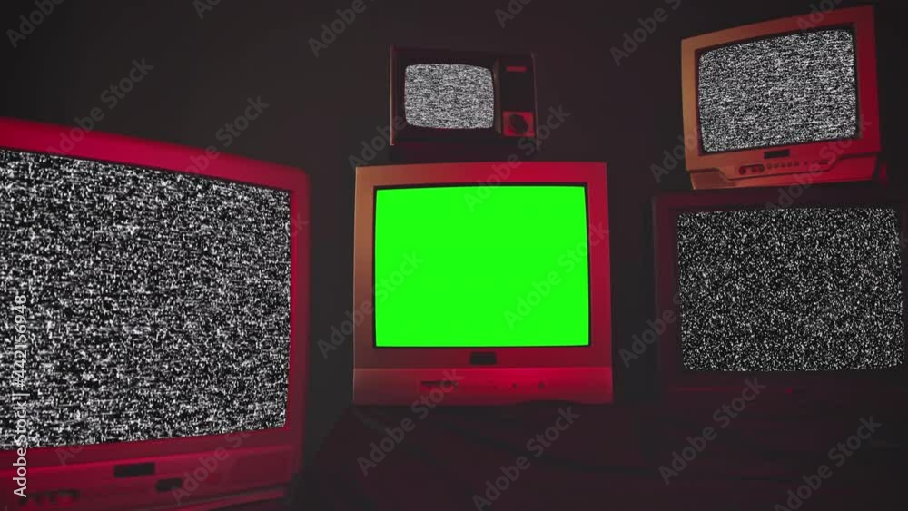 Vintage Televisions Turning On and Off Green Screens with Static Noise