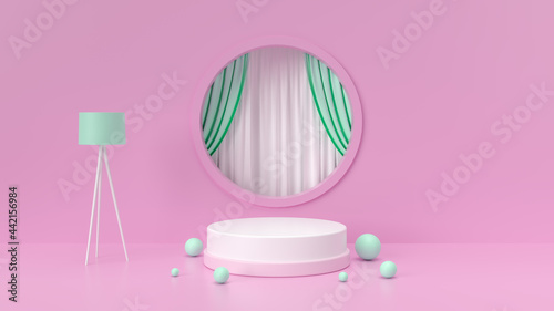geometric background image For product placement, pastel pink and white decorated in minimal style. 3D Scene. © Bahobank