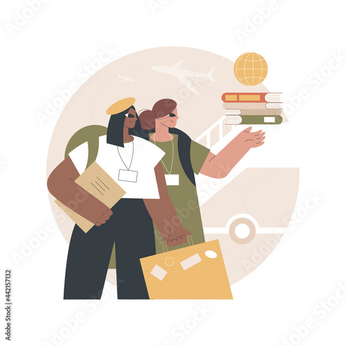 Educational tourism abstract concept vector illustration. International edu tourism, education abroad, entertaining studying, exchange student, vacation, group in airport abstract metaphor.