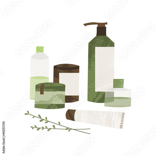 Apothecary bottle: febrifuge, antipyretic, syrup, ointment, drops, cream. Homeopathy, naturopathy. Holistic medicine. Natural organic herb. Vector flat cartoon illustration