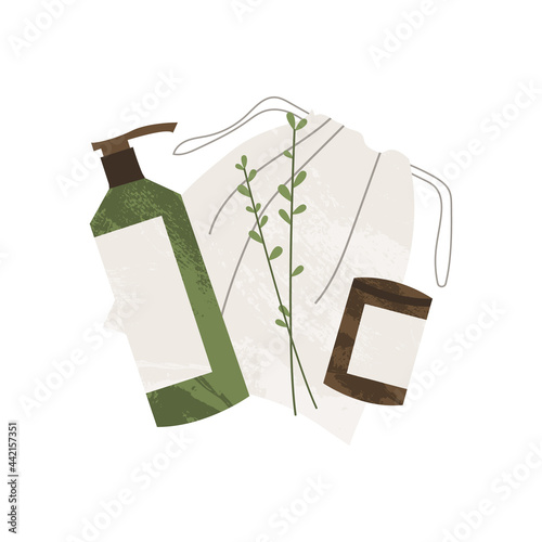 Expectorant mucolytic cough suppressant, syrup. Homeopathy, naturopathy. Complementary, alternative, integrative, holistic medicine. Natural organic herb. Apothecary bottle. Vector flat cartoon art