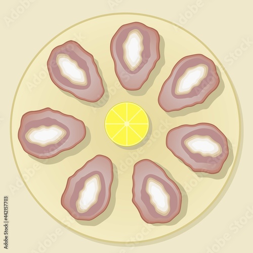 Seafood illustration oysters on the plate with lemon in restaurant, National Oyster Day. Design for template, poster, banner.
