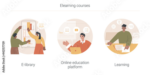 Elearning courses abstract concept vector illustration set. E-library, online education platform, learning, ebook reader, webcam conference at laptop screen, study skills abstract metaphor.