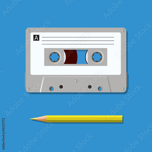 Symbole vintage de la génération soixante-dix, une cassette audio des années soixante est associé à un crayon.