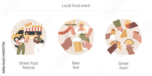 Local food event abstract concept vector illustration set. Street food festival, beer fest, truck service, chef prepare meals, international menu, street brewing, art and music abstract metaphor.