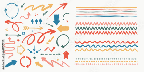 Abstract arrows and brushes set. Various doodle arrows and art strokes with grunge texture. Hand-drawn abstract vintage infographic Vector collection. Add in the brush panel as art or pattern brush.