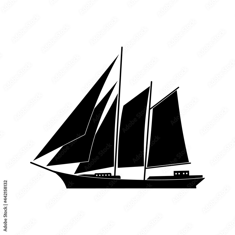 Yacht with sails for a round-the-world trip on a white background.