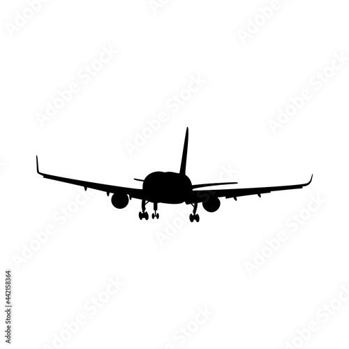 The silhouette of a passenger plane in black and white on a white background.