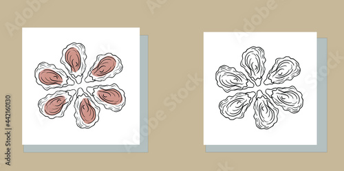 The original design of oysters for postcards, menus, prints. National Oyster Day.